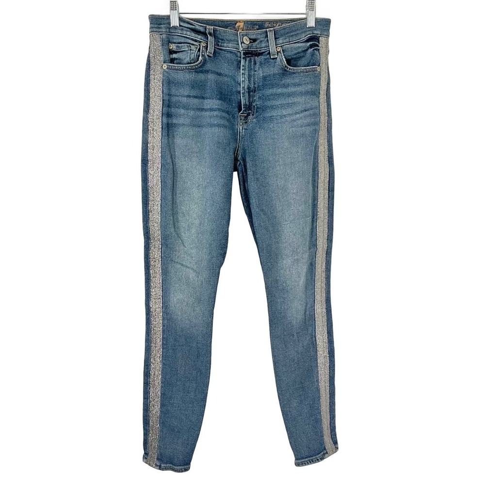 7 For All Mankind Womens 28 High‎ Waist Ankle Skinny Jeans Sparkle Side Stripe